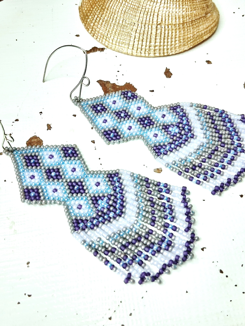 Handmade Geometric Beaded Fringe Earrings, Purple & Blue, 4.5" - Picture 5 of 7